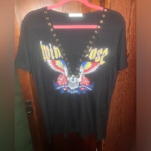 Black Very Soft Lace Up Rainbow Skull & Wings Rock & Roll Festival Short Sleeve